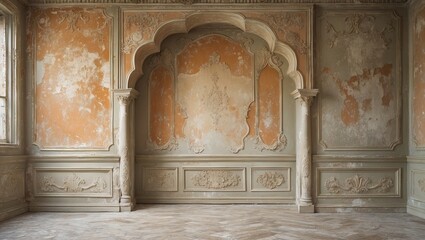 Poster - Aged plaster wall interior showcasing intricate carved archway in muted earth tones of orange and green with peeling paint textures and wood flooring.
