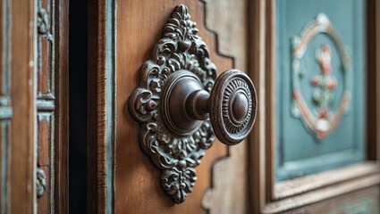 Aufkleber - Vintage wooden door detail showcasing an ornate bronze door handle on a richly textured background in warm browns and greens on the left side.
