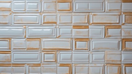 Fototapete - High-resolution tile wall texture featuring glossy white and cream hues with subtle orange accents, arranged in a seamless rectangular pattern.