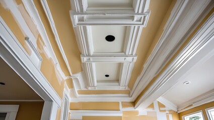 Poster - Elegant interior ceiling moldings with white trim against soft beige walls. Architectural design details showcasing modern home renovation concepts.