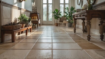 Poster - Interior hallway featuring light beige floor tiles, wooden benches on the left, sunlight streaming through large windows, and potted plants.