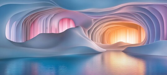 Wall Mural - illuminated curved tunnel abstract background, blue orange flowing lines reflecting pool digital art