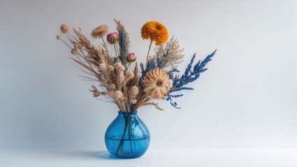 Poster - Dried flowers in a blue glass vase positioned centrally with a white background providing ample space for text or advertising. Soft tones enhance aesthetics.