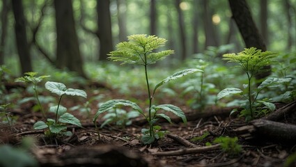 Fototapete - Lush green forest floor with ferns and small plants illuminated by soft sunlight creating a serene woodland atmosphere in blurred background.