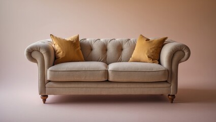 Poster - Chic beige fabric sofa with tufted design and mustard yellow pillows on a soft pastel backdrop, centered for an elegant interior vibe