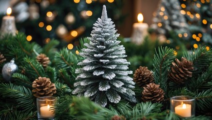 Poster - Decorative pine cone centerpiece surrounded by festive greenery and illuminated candles creating a warm holiday atmosphere with soft lighting.