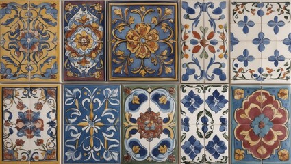Aufkleber - Colorful vintage ceramic tile patterns arranged in a grid formation featuring blues, oranges, yellows, and greens with intricate floral designs.