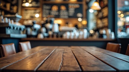 Fototapete - Empty brown wooden table in sharp focus, blurred coffee shop background with warm bokeh lights, ideal for product display and creative montages.
