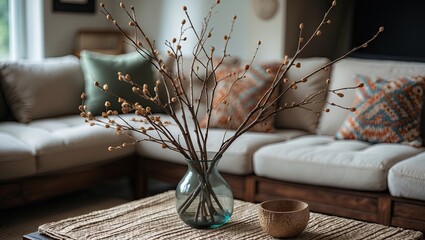 Poster - Elegant twigs in a vase on a woven coffee table with a cozy sofa and decorative pillows in earthy tones in a stylish living room setting