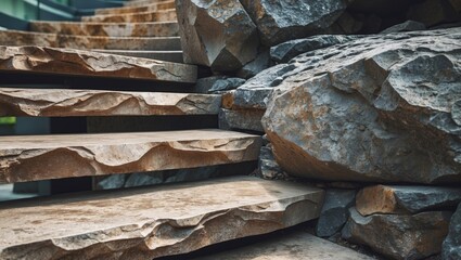 Leinwandbilder - Textured rock staircase with vintage style, featuring earthy tones of brown and gray; close-up view highlighting intricate stone details.