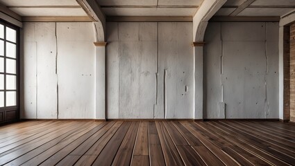 Fototapete - Vintage interior with white cement wall texture and rich brown wooden floor, showcasing three empty wall sections and natural light from a window