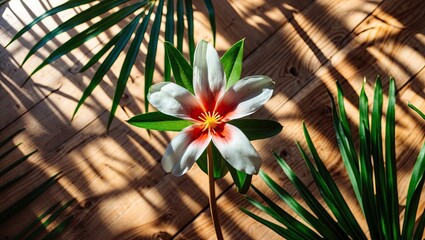 Fototapete - Vibrant Hamedorea flower with white petals and a red center positioned centrally on warm wooden floor, shadows cast by green palm leaves above.