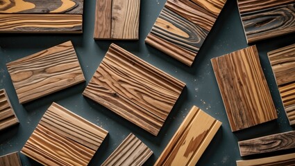 Aufkleber - High angle view of various imitation wood pieces in rich brown and tan colors scattered on a dark finished floor background for a textured effect