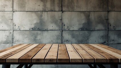 Poster - Wooden plank table top positioned diagonally against a textured grey concrete wall, ideal for product display or montage background purposes.