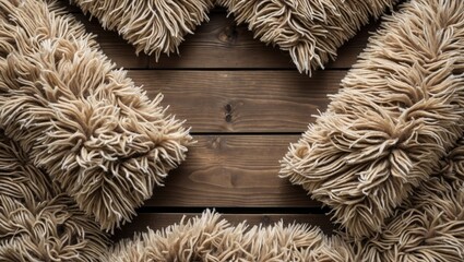 Leinwandbilder - Fuzzy beige carpet pieces arranged in a star shape on a dark wooden surface with ample space for text in the center.