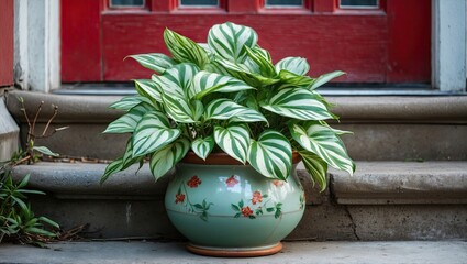 Fototapete - Lush Epipremnum plant in a decorative green ceramic planter resting on red stone steps with vibrant foliage and intricate floral designs.