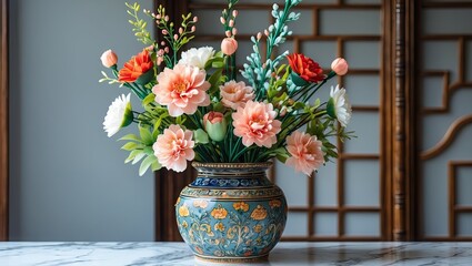 Poster - Chic decorative ceramic vase with pink and white artificial flowers arranged in a colorful pot against a wooden backdrop, ideal for home decor