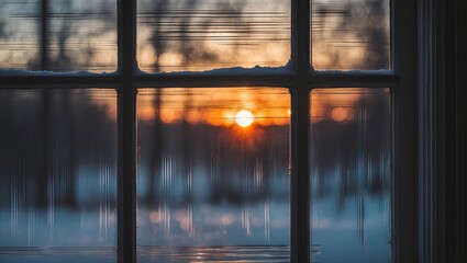 Poster - Winter sunset viewed through a frosted window with horizontal lines; warm orange and cool blue hues blend in the background and foreground.