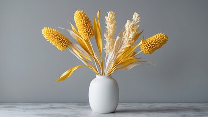 Poster - Vibrant yellow dried flowers arranged in a white vase against a minimalist gray background, showcasing textures and natural elegance.