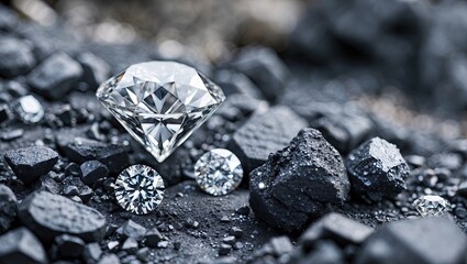 Aufkleber - Sparkling diamonds positioned atop dark coal chunks, with a prominent large diamond at the center, featuring reflective facets and contrasting textures.