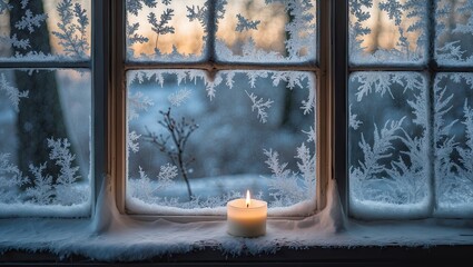 Aufkleber - Cozy winter scene featuring a single lit white candle on snow-covered windowsill framed by frosted leaves, with a serene blue and orange background.
