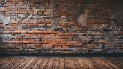 Leinwandbilder - Grunge brick wall with rough textures in warm hues on the left and wooden flooring in natural tones filling the room's lower half.