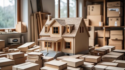 Leinwandbilder - Detailed miniature house model in a cluttered workshop surrounded by cardboard boxes, warm wooden tones and natural light illuminating the scene.