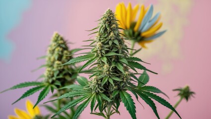 Leinwandbilder - Cannabis flower bud in sharp focus with green leaves against a pastel pink and blue background with yellow flowers on the right side.