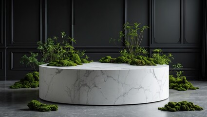 Aufkleber - Minimalistic round marble display podium with fresh green moss against a dark background, soft backlighting highlights natural beauty and elegance.