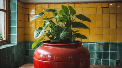 Poster - Vibrant green plant thriving in a large round red jar centered against yellow and green ceramic tiled walls in a cozy indoor space.