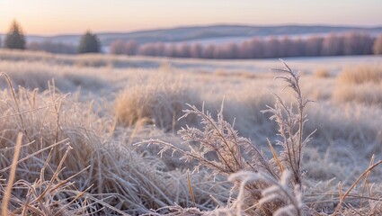 Poster - Frost-covered dry grass in the foreground with a soft pastel winter landscape and distant trees in the background during early morning light.