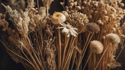 Poster - Dried floral arrangement featuring warm brown tones with pale yellow highlights against a dark background, evoking a vintage artistic style.