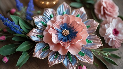 Leinwandbilder - Delicate handcrafted flower arrangement featuring soft pink and blue petals with green accents on a rustic wooden background and vibrant floral elements.