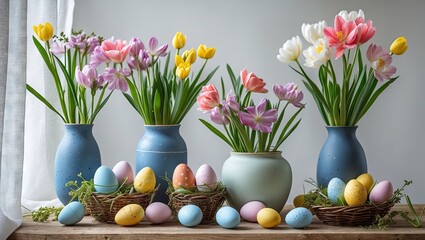 Poster - Bright home interior with pastel vases filled with spring tulips, colorful Easter eggs clustered on a wooden table against a soft light backdrop.
