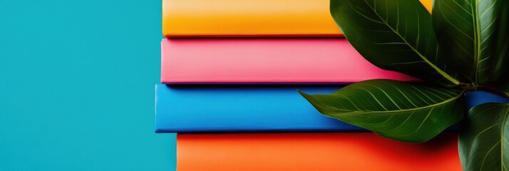 Leinwandbilder - Vibrant Minimalist Color Block Design Modern Creative Studio Backdrop with Tropical Leaf - Digital Content Creation and Trendsetting Visual Composition