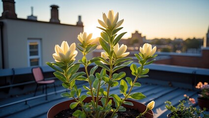 Aufkleber - Sunlit Flourishing Plant on Rooftop in Early Morning with Soft White Flowers and Green Leaves Against a Clear Blue Sky and Urban Background