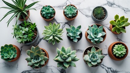 Aufkleber - Elegant flat lay of diverse succulent plants in terracotta and gray pots on a light marble table, vibrant greens against subtle marble tones.