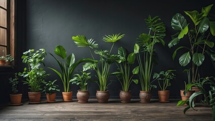 Poster - Lush green indoor plants in terracotta pots arranged on a wooden floor against a dark wall, natural light highlighting their vibrant leaves