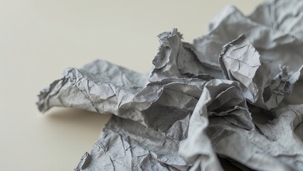 Poster - Crumpled grey recycled paper texture with soft shadows creating depth on light background highlighting ample copy space for text or design.