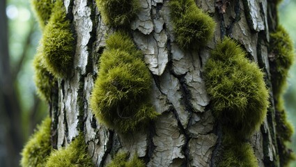 Aufkleber - Mossy tree bark texture featuring deep greens and browns, with lush moss clusters prominently positioned on a rugged, weathered trunk.