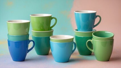 Poster - Stacked green and blue ceramic cups arranged artistically on a pastel blue and beige background, creating a vibrant and cozy kitchen atmosphere.