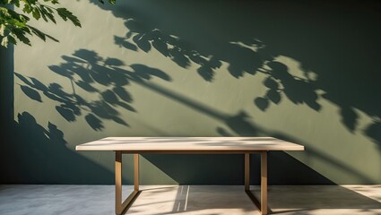 Poster - Minimalist wooden table casting shadows against a deep green wall with leafy patterns, softly lit for a serene and modern atmosphere.