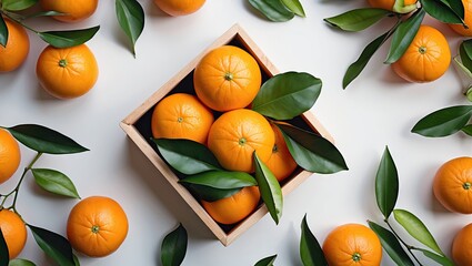 Poster - Fresh orange fruits arranged in a wooden box surrounded by green leaves on a white background, top view, ample space for text or design.