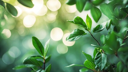 Aufkleber - Blurred green leaves with soft light bokeh creating an abstract backdrop showcasing vibrant green hues and ample copy space for text or design.
