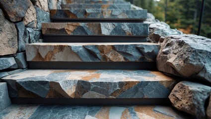 Fototapete - Stunning vintage-style outdoor staircase with textured rock steps in earthy tones of gray and brown, surrounded by lush greenery and natural light.