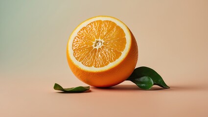 Aufkleber - Freshly cut orange on soft pastel background with light orange and green hues, positioned slightly to the left with two green leaves.