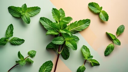 Fototapete - Fresh green mint leaves arranged on a pastel green and beige background with various leaf sizes creating a vibrant and fresh composition.