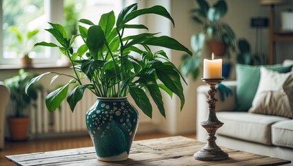Poster - Modern living room featuring a green plant in a decorative blue vase on a wooden table, a tall candle holder beside it, natural light streaming in.