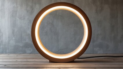 Fototapete - Circular modern lamp illuminated with warm light positioned centrally against a textured gray wall with wooden floor accents.