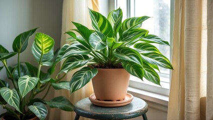 Poster - Dieffenbachia plant in terracotta pot placed on a vintage stool by a sunlit window with sheer curtains and nearby green foliage in soft pastels.